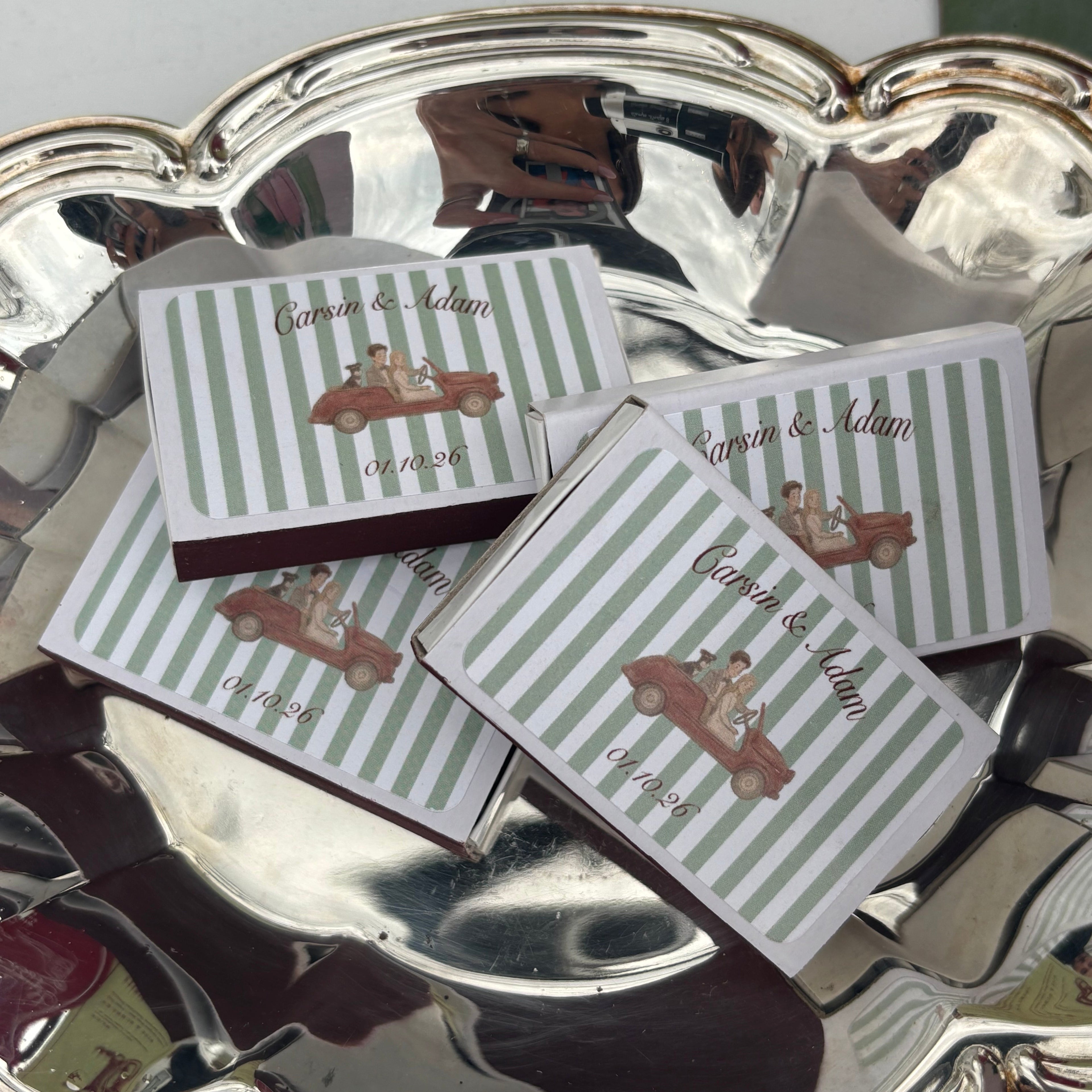 Custom Wedding Matches Vintage Car bride groom and dog